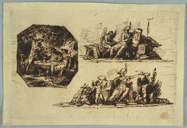 Bacchus, Apollo a Mnemosine; Minerva s trofejemi