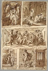 Design podle obrazů Raphaela a obrazů v Bologni od Albaniho, Francia, Parmigianina; Monument Verso: Anatomická studie