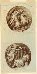 Kresba, Okřídlené vítězství na voze; okřídlené vítězství korunující říčního boha, Reno; dva rondely, kolem roku 1805