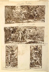 Čtyři kresby mýtu o Apollónovi; Dekorace zdi nad římsou, Sala di Apollo, Palazzo Cavina, Faenza