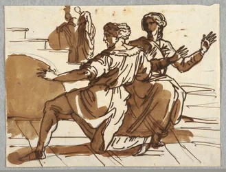Muž a žena, karikatura pro "Smrt Ananiáše" podle Raphaela Sanzia