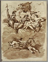 Minerva, Merkur, Juno a Venuše na oblacích, studie podle Marcantonia Franceschiniho