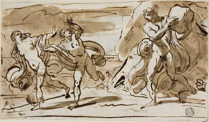 Polyphemus vrhající balvany na prchající Aeis a Galatea (recto); Polyphemus hraje na rákosové píšťaly pro Galateu (verze)