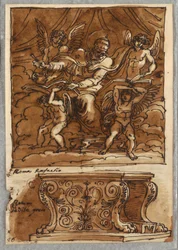 Papež Gregorio VII a čtyři andělé, studie po Raphaelovi „Osoby papežství“; Starožitná lavice