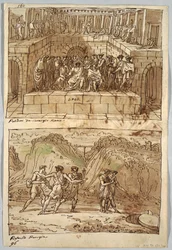 Strana skicáře, Folio 98: Dva obrazy podle Caravaggia a Raphaela; Verso: Orel a vůl