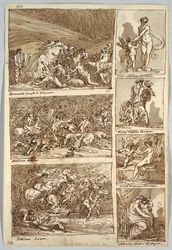 Strana skic: Studie po obrazech ve Ferraře, Římě, Bologni, Mantově podle umělců Tibaldiho, Raphaela, Andrea del Sarto a Polidoro; Verso: Ptačí kostra a koňská hlava