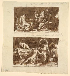 Thetis v dílně Hephaestus; Thetis ukazuje brnění Achilleovi: Dva návrhy stropních panelů v Galeria d