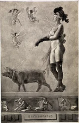 Pornokrates (Nahá žena, proužky očí, obklopená anděly a držící prase na vodítku) - kresba Felicien Rops (1833-1898)