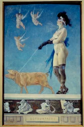 Pornokrates. Nahou ženu v punčochách se zavázanýma očima táhne prase, které drží na vodítku - Pornografický obraz od Feliciena Ropse (1833-1898) Ec Belg