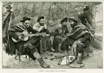 Payador, souboj ve verších chodících zpěváků. Rytina od Myrbach, k ilustraci příběhu Voyage a la Plata, v roce 1886, Emile Daireaux, in le tour du monde 1888, režie Edouard Charton (1807-1890), Hachette, Paříž.