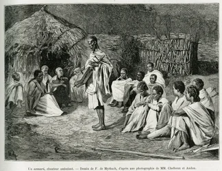 Asmari, chodící zpěvačka. Rytina F. De Myrbach, po fotografii, k ilustraci příběhu Voyage au Choa (Abyssinie meridionale), v letech 1884-1888, Henry Audon, in le tour du monde 1889, režie Edouard Charton (1807-1890), Hachette , Paříž.