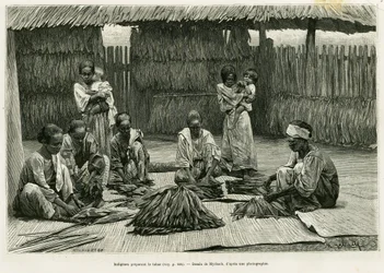 Domorodí lidé vyrábějící tabák. Rytina od Myrbach k ilustraci příběhu Lucon a Palaouan, šest let na Filipínách, Alfred Marche (1844-1898), v le tour du monde 1886, režie Edouard Charton (1807-1890), Hachette, Paříž.