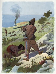 Robinson Crusoe zabíjí divochy, kteří pátky pronásledují.
