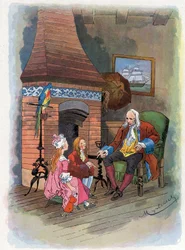 Robinson Crusoe vypráví svým dětem o svých dobrodružstvích. Ilustrace Felician MYRBACH MYRBACH RHEINFELD (1853-1940) Ke knize Daniela Defoe (De foe) Robinson Crusoe. Žádné rande. Asi 1934