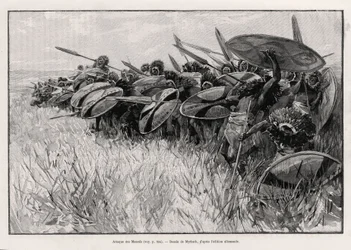 Útok Massaisů. Rytina od Myrbacha k ilustraci příběhu „“Au secours d