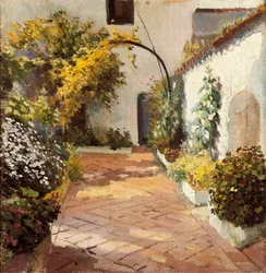 Patio de monjas (Klášterní nádvoří). Obraz vyrobený v Marmolejo v provincii Jaen ve Španělsku. Olej na plátně Felipe Abarzuza (1871-1948), první polovina 20. století. Provinční muzeum Cádiz (Cadiz).