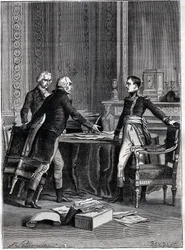 První porada tří konzulů v Peer-Lucembursku - Napoleon Bonaparte, Emmanuel Joseph Sieyes a Pierre Roger-Ducos 1799 - rytina Barbant, po Philippoteaux - První konzulát, 24 Frimaire VIII (15. prosince 1799), první setkání 1.