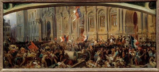 Revoluce z roku 1848: "" Alphonse de Lamartine (1790-1869), francouzský spisovatel a politik, odmítl 25. 2. 1848 rudou vlajku na radnici." Obraz Felixe Philippoteauxe (asi 1815-1884)