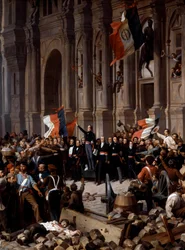 Revoluce roku 1848: Alphonse de Lamartine (1790 - 1869), který na radnici odmítá rudý prapor ve prospěch trikolóry. Paříž, 26. února 1848. Detail obrazu Henriho Félixe Philippoteauxe (1815 - 1884), Paříž, Musée du Petit Palais - Revoluce roku 1848