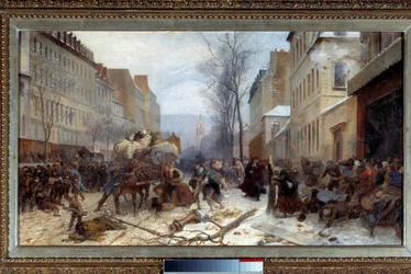 Scéna bombardování Paříže pruskými armádami v lednu 1871 Válka 1870-1871: obléhání Paříže pruskou armádou. Obraz Henri Felix Philippoteaux (1815-1884). Ztlumit. 0,46 x 0,81 m. 1871. Paříž, musee Carnavalet - Bombardování v Paříži od Pr