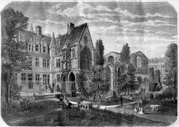 Náměstí Palais des Thermes a nemocnice Cluny v Paříži v roce 1868 - rytina podle kresby Felixe de Thorigny