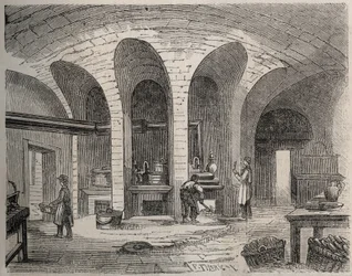 Paříž - Prison de la petite Roquette (vězení pro ženy a teenagery) - Les Cuisines - Rytina podle Felixe Thorignyho - v Le Monde Illustre z července 1865