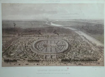 Celkový pohled na Světovou výstavu v Paříži v roce 1867, pořízený z Rapp Gate (barevné litho)
