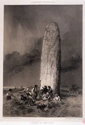Rolníci kolem menhiru Kergadiou (Finistere) - v „“ La Bretagne contemporaine““, nemocný. od Felixe Benoista, ed. Charpentier, Paříž