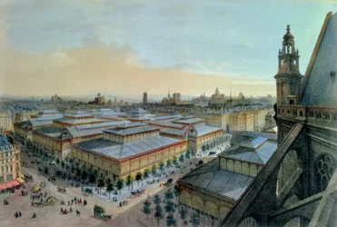 Pohled na Les Halles v Paříži z horní galerie kostela Saint-Eustache, kolem roku 1870-80
