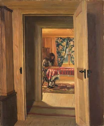 Interiér s psaním mladé dívky, 1905
