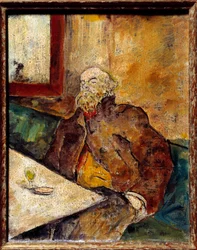 Portrét Paula Verlaina (1844 - 1896), francouzského básníka, sedícího u baru před sklenkou absinthu. Obraz připisovaný Felixovi Vallottonovi (1865-1925)