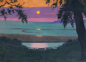 Západ slunce na milost, oranžové a fialové nebe, 1918.