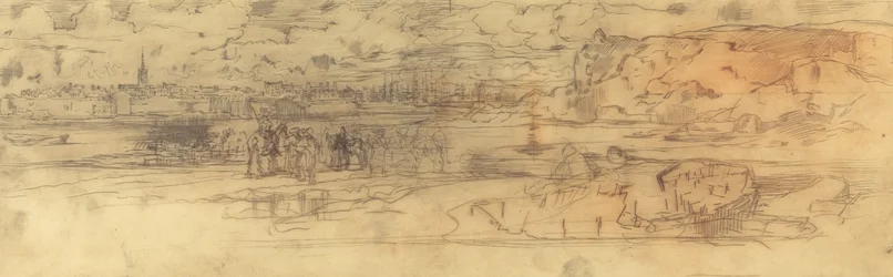 Ústí s opevněným mořským přístavem vlevo a útesy vpravo, c. 1882.