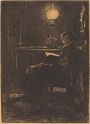 Čtečka lampy (žena čte při světle lampy)
