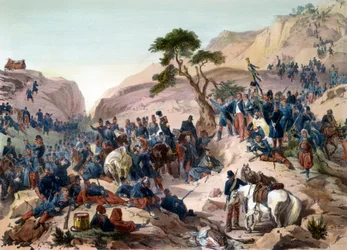 Epizoda dobývání Alžírska v roce 1840 - Bitva u průsmyku Mouzaia (1840) - Vévoda z Orleans vykonává velení ve francouzské armádě - rytina Philippoteaux - Francouzská armáda vyhrává bitvu Teniah of Mouzaia o horský průsmyk Mouzaia dne 1.