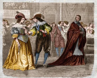 Římský seriál: „Tři mušketýři“ od Alexandra Dumase (1802-1870). Král Ludvík XIII. (1601-1643) předal dvě diamantové fretky své manželce, královně Anně Rakouské (1601-1666), pod dohledem kardinála Richelieu (1585-1642). Ilustrace kapitoly X