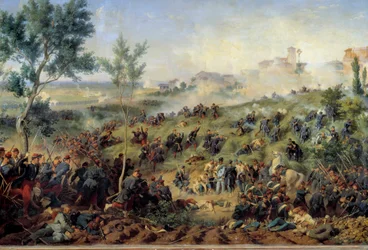Pohled na bitvu u Montebello di Casteggio, 20.5.1859 Francie poráží rakouskou armádu. Obraz Henry Felix-Emmanuel Philippoteaux (1815-1884) 1862. Rozm. 1x1,5m. Paříž, Armádní muzeum – Pohled na bitvu u Montebello di Casteggio dne 20. května 1859. F
