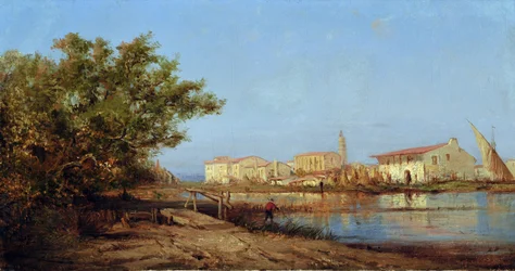 Mas v Martigues. Obraz Felixe ZIEMA (1821-1911). Olej na plátně. Rozměr: 29 x 55 cm. Povinná zmínka: Regards de Provence Foundation collection, Marseille