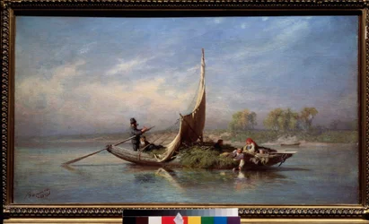 Rodina na člunu (Doprava píce na plachetnici) - Rodina na lodi - Obraz Fjodora Vasiljeva (Fjodor Alexandrovič, Fiodor Alexandrovič Vasiliev (1850-1873), olej na plátně