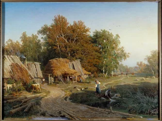 Malba vesnice od Fjodora Vasiljeva (Feodor Alexandrovič, Fjodor Alexandrovič Vasiliev (1850-1873) (ec.rus.) 1869 Ermitážní muzeum, Petrohrad