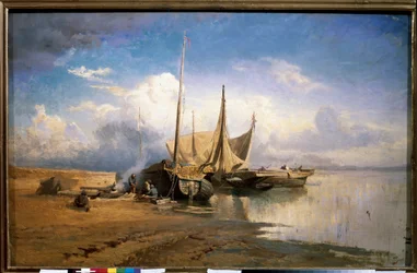 Pohled na Volhu, Lodě (Pohled na Volhu, Lodě) - Obraz Fjodora Alexandroviče Vasiljeva (Feodor Alexandrovič, Fiodor Alexandrovič Vasiliev) (1850-1873), olej na plátně