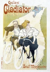 Cyklistický pár pronásledovaný strážníkem - Reklama na Gladiator Cycles, od Misti, v.1895