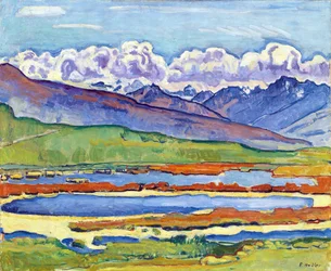 Rybník v Crans Montana (Crans-Montana) (Švýcarsko). (Long Pond Crans Montana). Obraz Ferdinanda Hodlera (1853-1918), olej na plátně