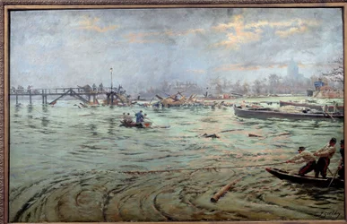 Pohled na most a nábřeží Estacade v Paříži během velké povodně v roce 1910 Malba Ferdinanda Josepha Gueldryho (1858-1945) 1910. Paříž, Musee Carnavalet. Opatrně! Použití tohoto díla může být podmíněno žádostí o autorizaci třetí stranou popř