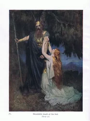 Brunhilde klečela u jeho nohou, ilustrace z hospody The Stories of Wagner
