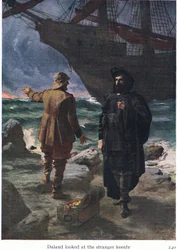 Daland se na cizince ostře podíval, ilustrace z hospody The Stories of Wagners Operas. od George Harrap & Co Ltd 1932