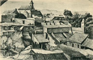 Lom v Alt-Matzleinsdorf, s farním kostelem sv. Floriána ve Vídni, 1814-1815, 1943.