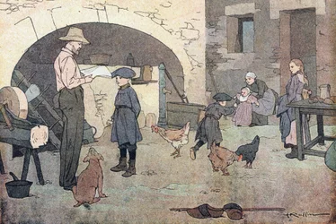 Doma, v Obrázkové knize dětství, kolem roku 1900 (rytina)
