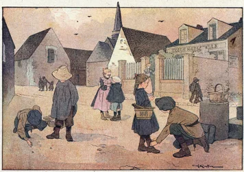 Mimo školu, v Obrázkové knize dětství, kolem roku 1900 (rytina)