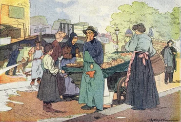 Obchodník se čtyřmi sezónami, v Obrázkové knize dětství, kolem roku 1900 (rytina)